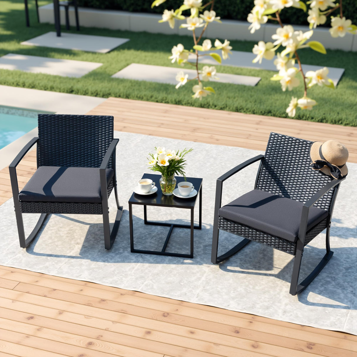 Devoko PP Patio Furniture Set 3 Piece All Weather Outdoor Rocking Chairs with Cushions and Coffee Table for Bistro Balcony Porch (Black) Devoko