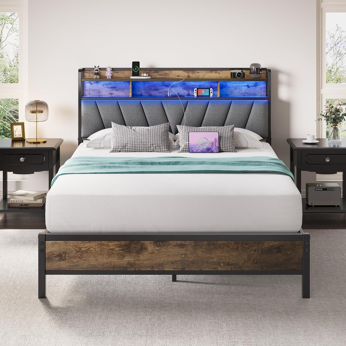 Welzona Queen Bed Frames with Headboard, LED Lights Queen Size Bed Frames with Charging Station, Sturdy and Noise-Free, Storage Space Under Bed, No Box Spring Needed, Brown Welzona