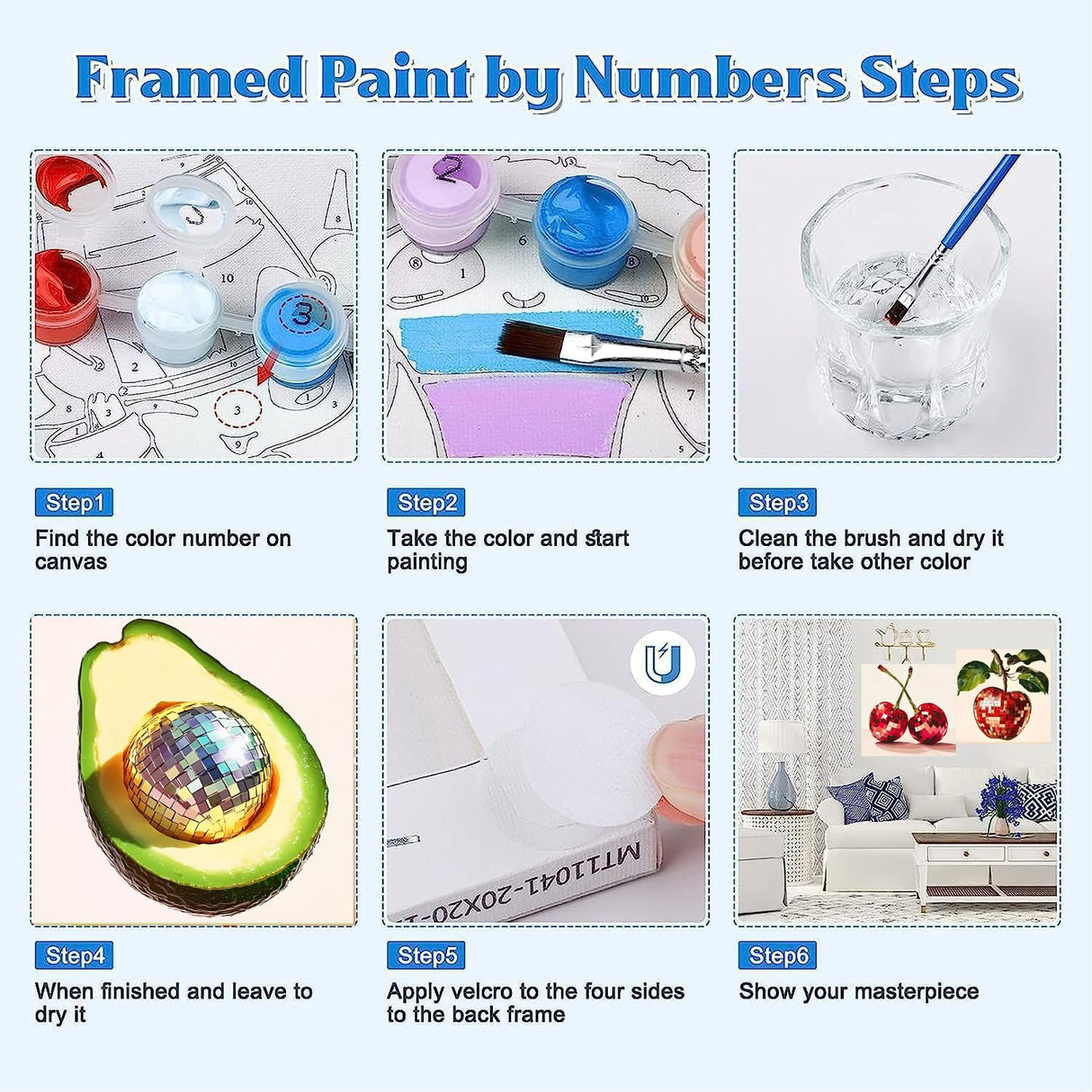 4 Pack Disco Ball DIY Paint by Number Beginners,Fruit Oil Painting Adults' Paint-by-Number Kits,Acrylic Paint Kit with Frame for All Ages,Easy Paint by Numbers Kids on Canvas 8x8inch Canrichshop