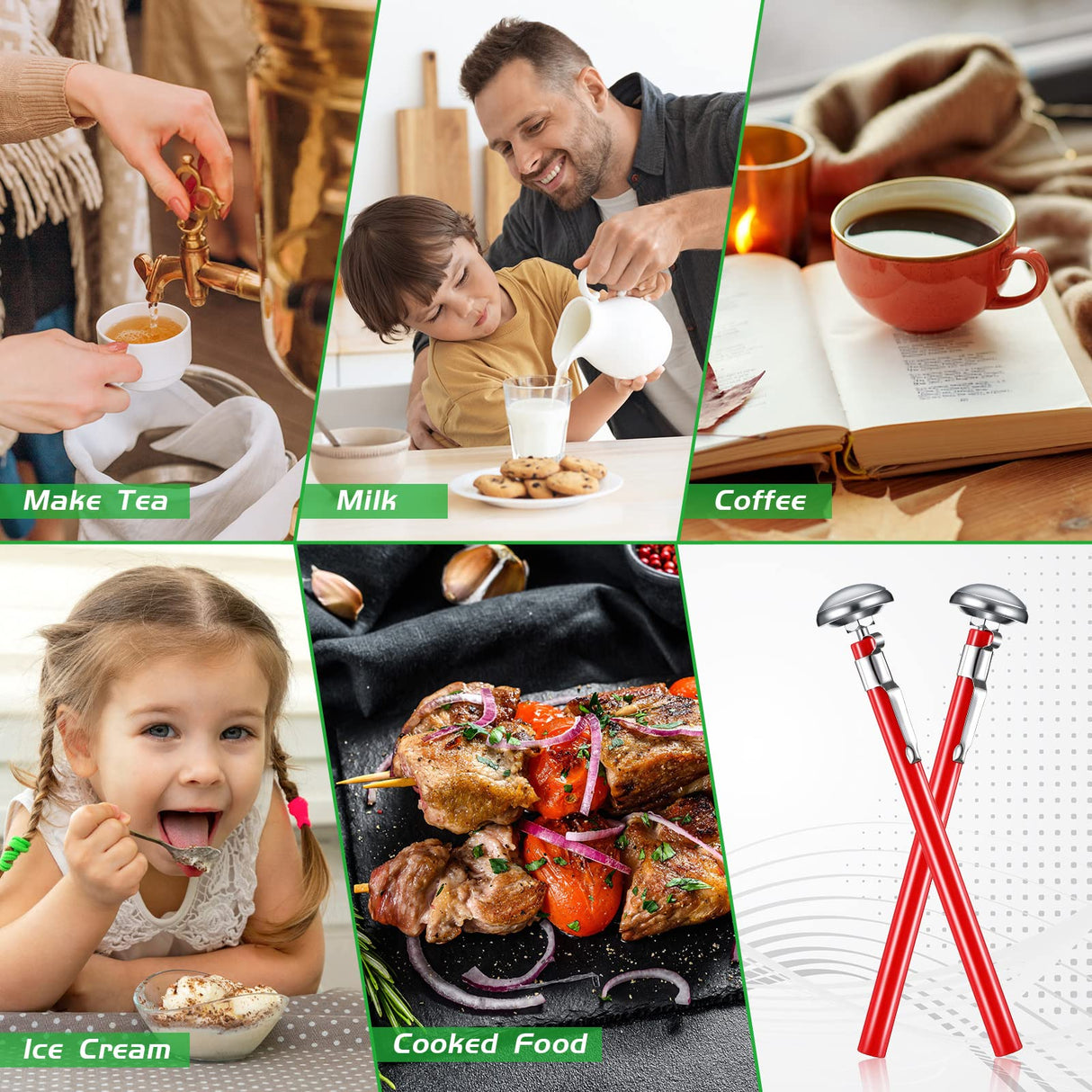 Xuhal 6 Pcs Stainless Steel Kitchen Thermometer with 5 Inch Long Stem 1 Inch Dial Thermometer Milk Frothing Food for Oven Probe Meat Grill BBQ Cooking Chocolate Water(Red) Xuhal