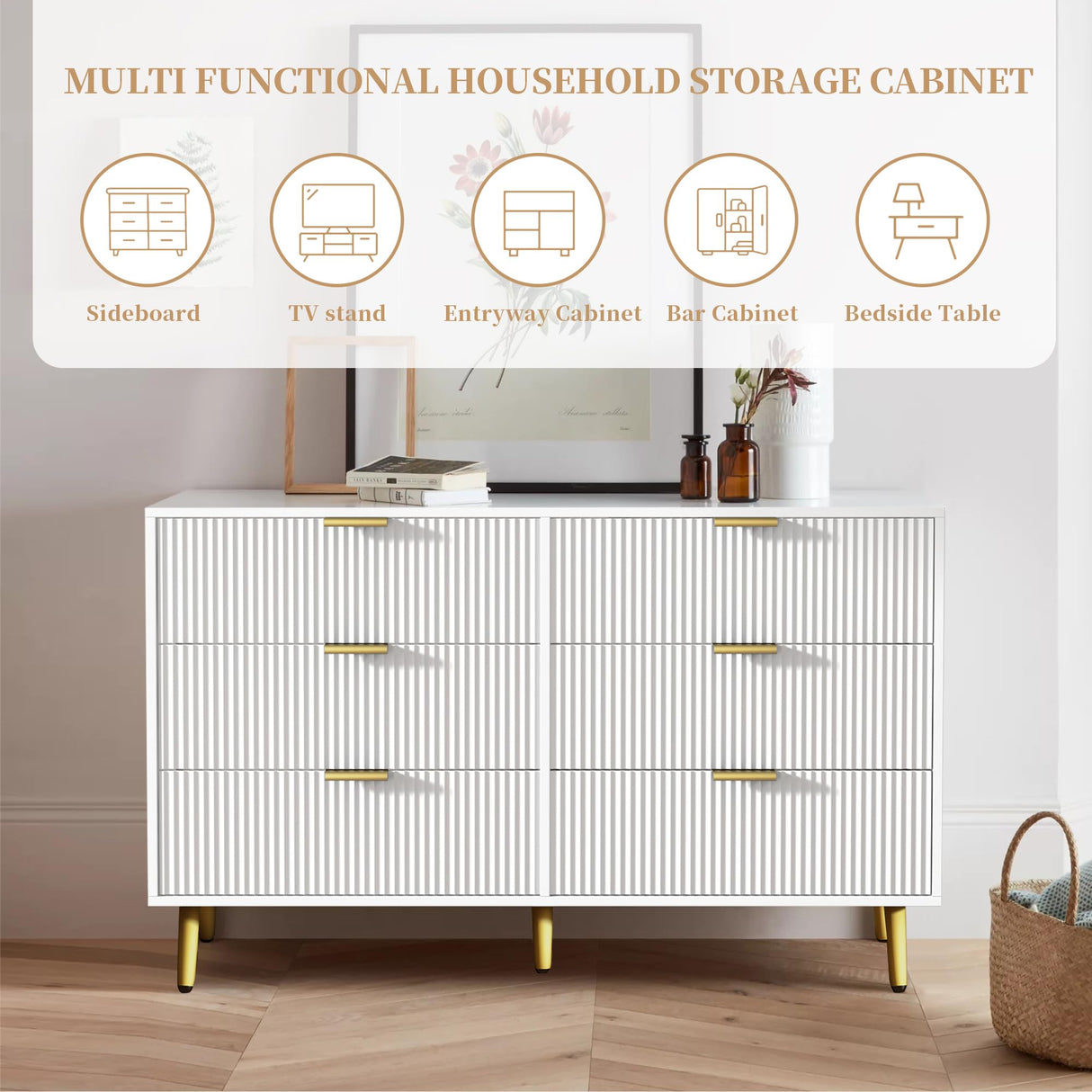 6 Drawer Double Dresser for Bedroom, Modern Dressers Chest of Drawers with Fluted Panel, Wide Wood Storage Dresser Organizer, Dresser TV Stand for Oubayajia