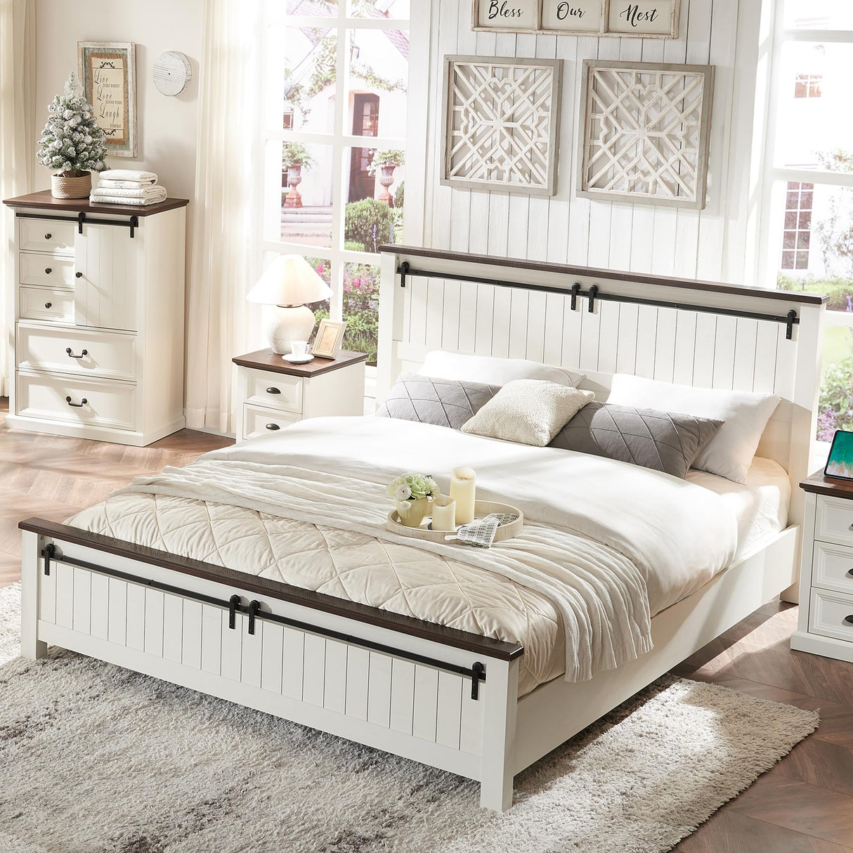 Farmhouse King Size Bed Frame with Sliding Barn Door Footboard and 47" Headboard in White IFGET