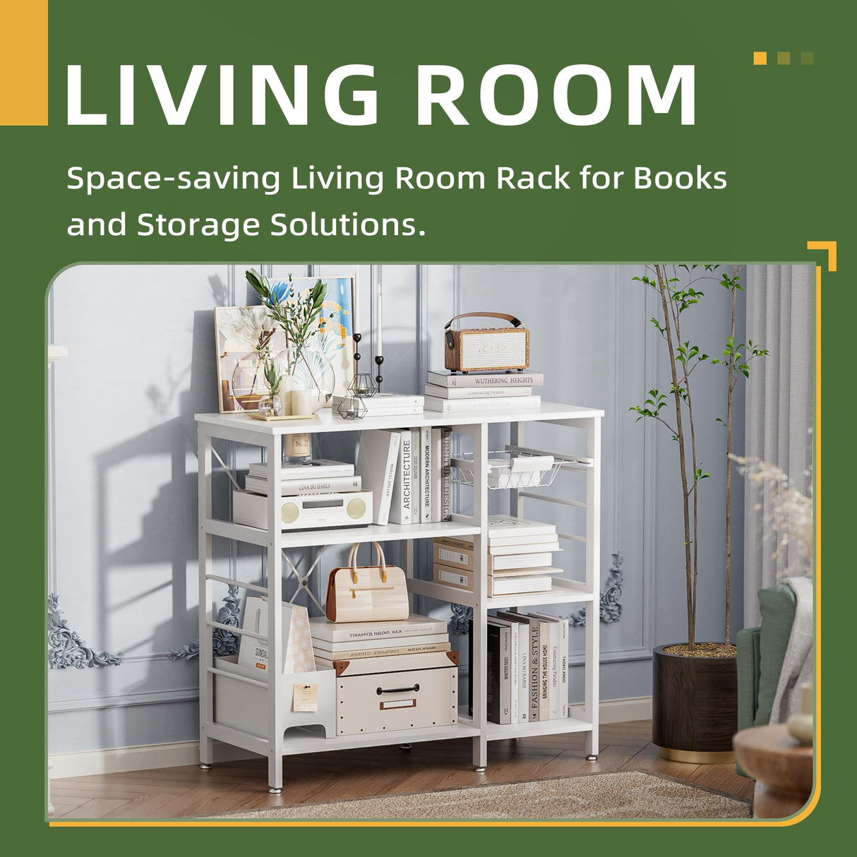 vovala Baker’s Rack, Microwave Oven Stand with Bamboo Frame, 35.43" Coffee Bar with Wire Basket & 6 Hooks, 3-Tier Kitchen Storage Shelf Stand for Kitchen, Living Room, Office, White vovala