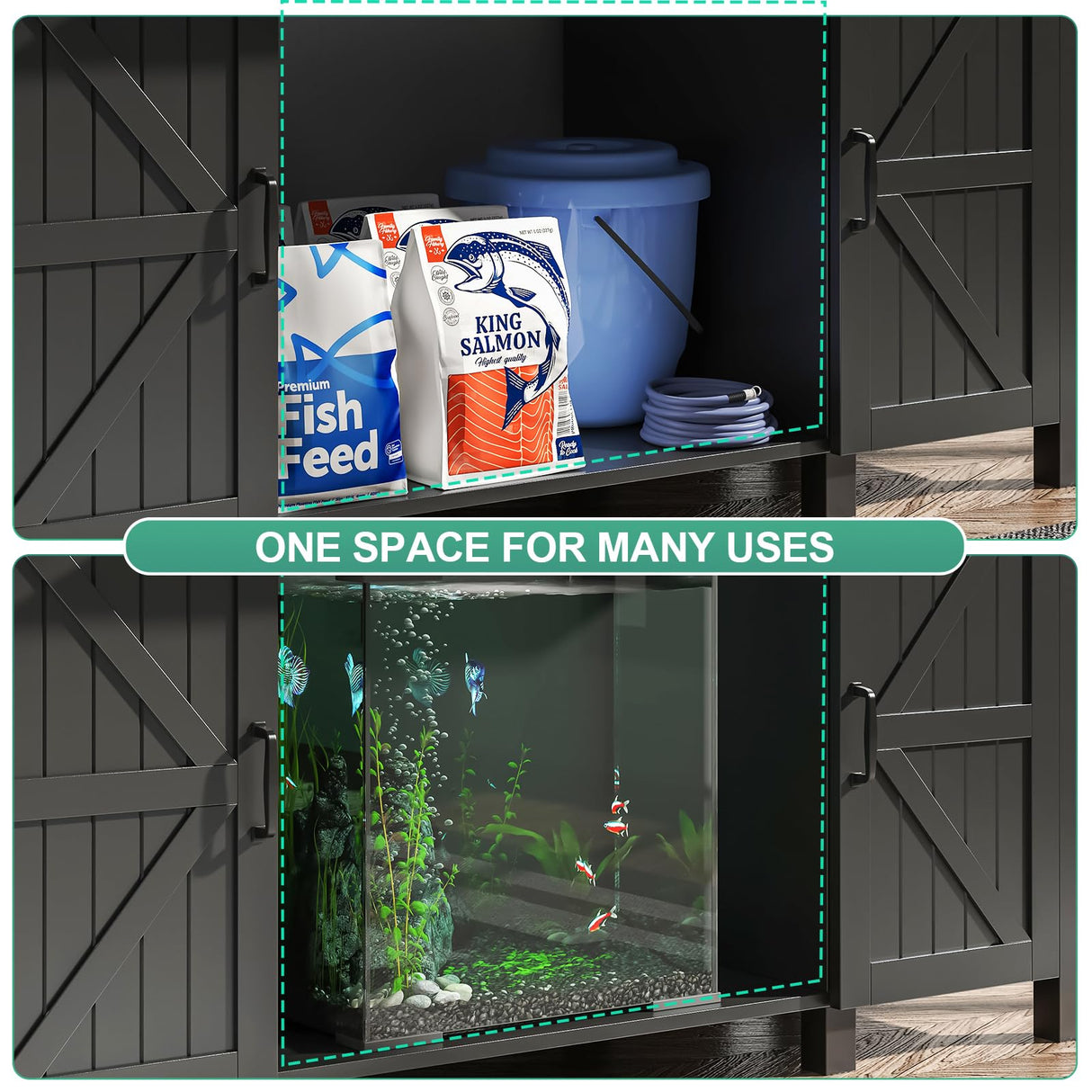 Saudism 55-75 Gallon Aquarium Stand With Charging Station, Farmhouse Fish Tank Stand, Reptile Tank Stand Terrarium Stand with Drawer and Cabinet Storage, Sturdy Heavy Duty 53.5"×19.7" Tabletop - Black Saudism