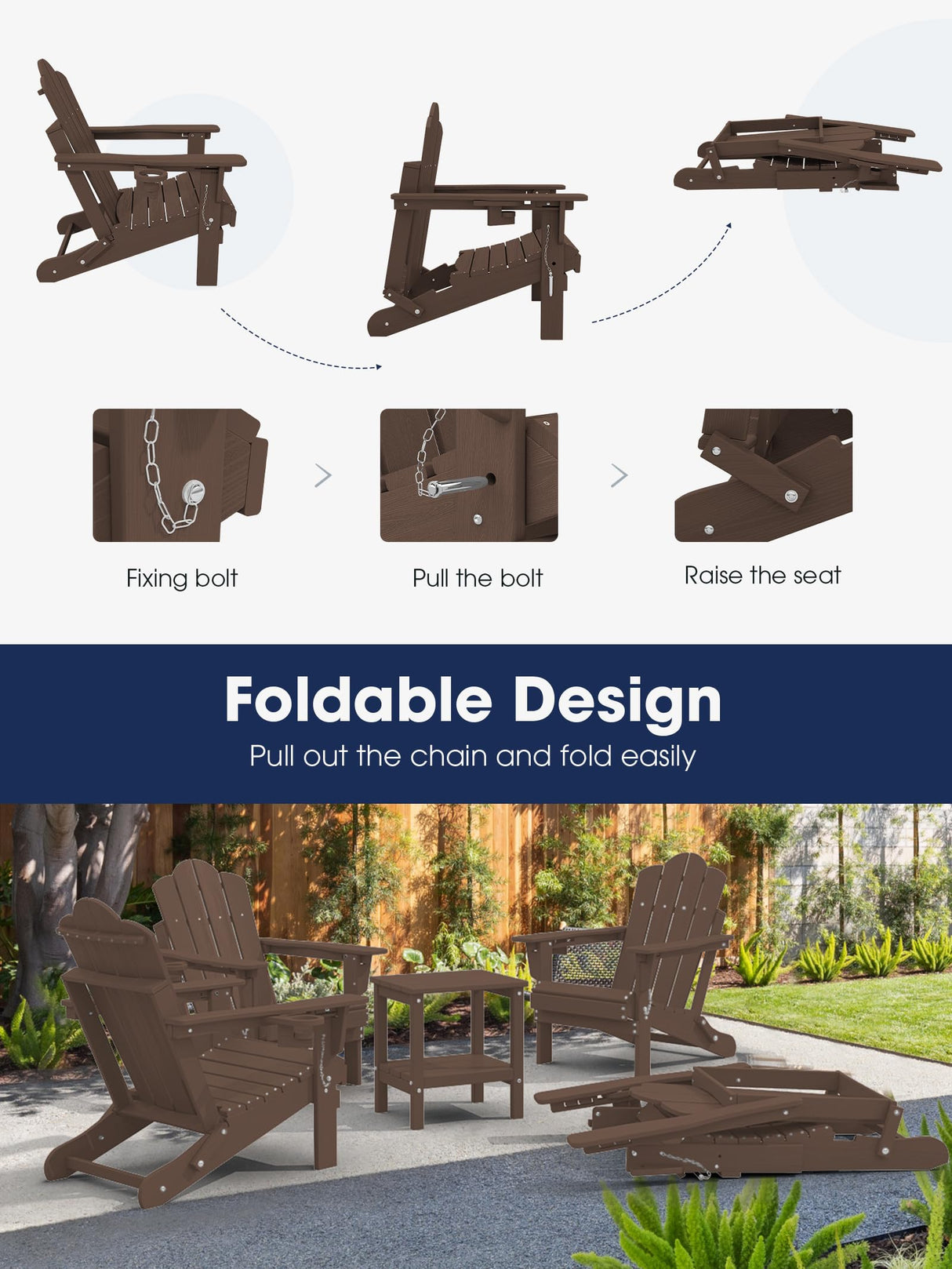 KINGYES Adjustable Folding Adirondack Chair, HDPE Reclining Adirondack Chair with Cup Holder, All Weather Resistance Embossing Oversize Adirondack Outdoor Chair, Brown KINGYES