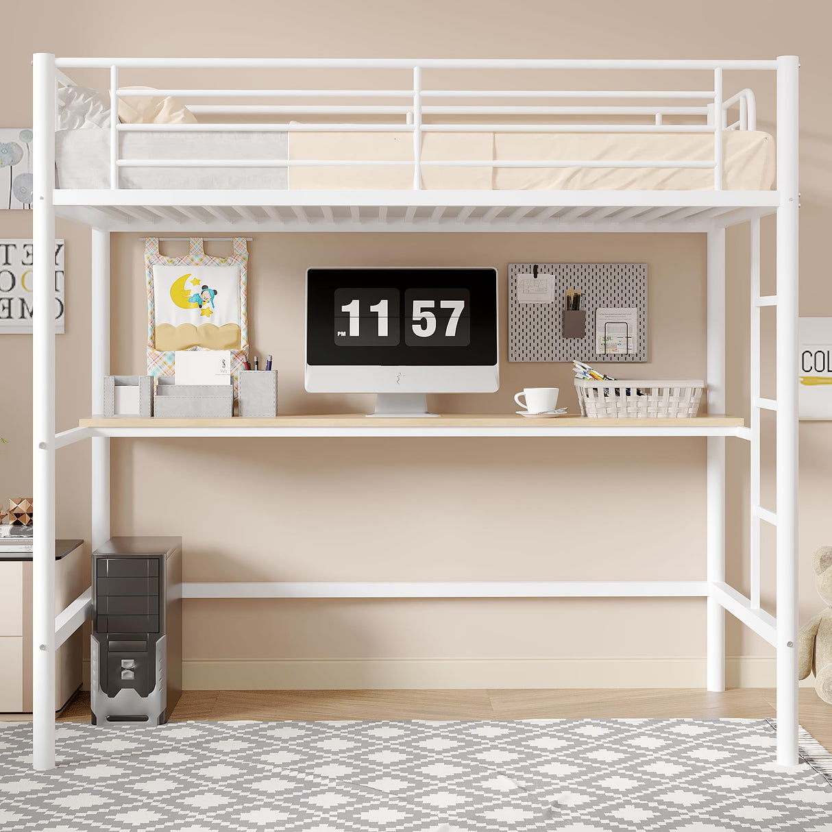 VECELO Loft Bed Twin Size with Desk, Metal Bedframe with Removable Ladder and Safety Guardrail, No Box Spring Needed, Space Saving, Noise Free, Pure White VECELO