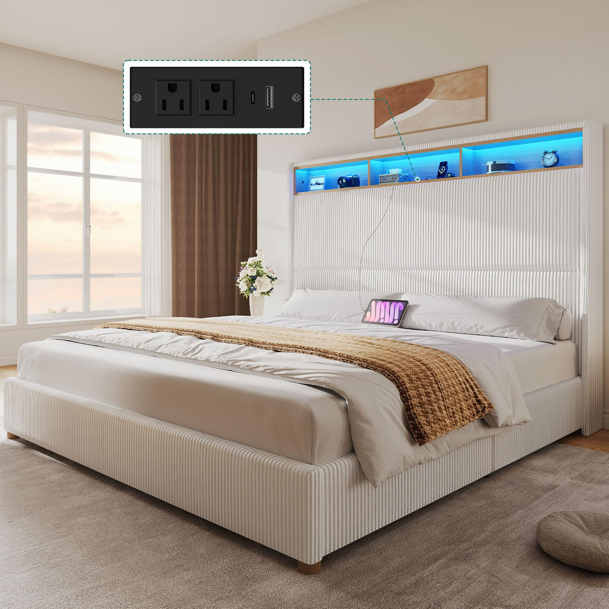 YITAHOME King Size Corduroy Upholstered Platform Bed Frame with Charging Station and RGB LED Lights, 53’’ Tall Storage Wingback Headboard, No Box Spring Needed, Easy Assembly, Noise-Free, White YITAHOME