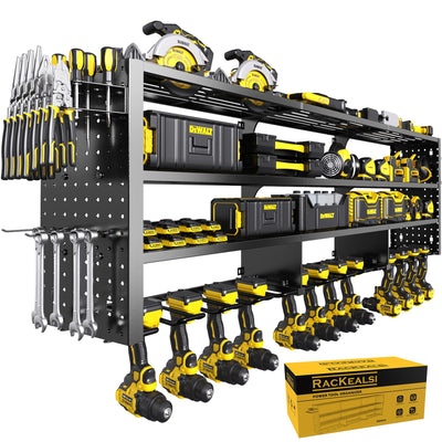 RacKeaLsi 49" W Large Power Tool Organizer Wall Mount, 4 Layer Heavy Duty Metal Tool Storage Rack with 12 Drills Holder, Utility Racks for Garage Workshop, Ideal Garage Organization