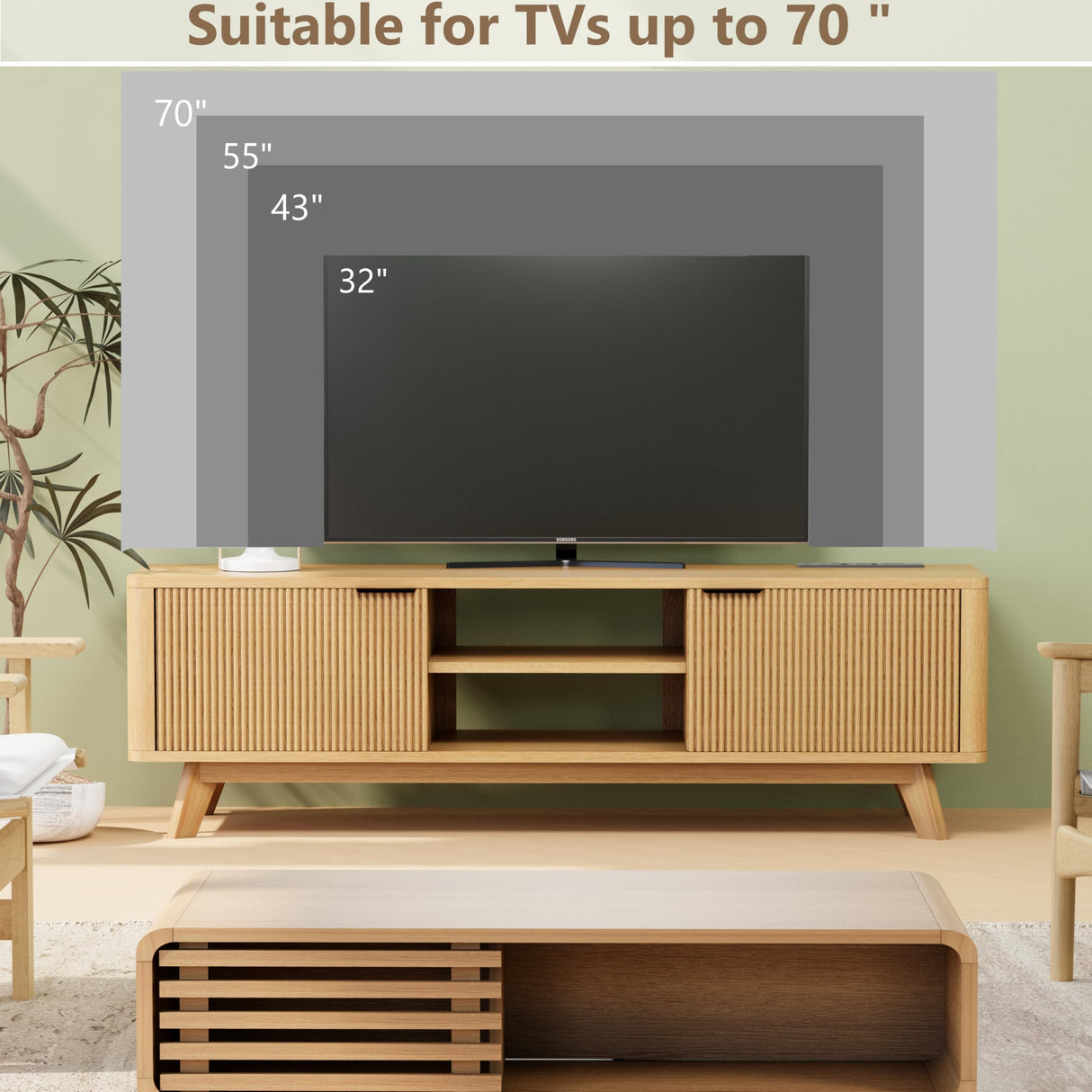 Royal Windsor Modern TV Stand for Living Room,Large TV Table with Fluted Door Cabinets and Open Shelves,Entertainment Center with Storage and TV Mount,Media Console Cabinet with Socket,Wood Grain Royal Windsor