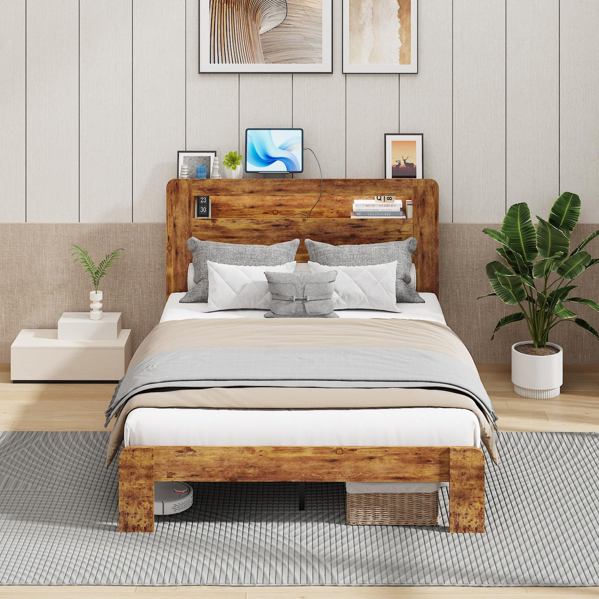 Queen Size Wooden Bed Frame with Storage Headboard & Charging Station, Farmhouse Platform Bedframe with LED Lights & Wood Slat Support, No Noise, No Box Spring Needed, Easy Assembly (Rustic Brown QNICE