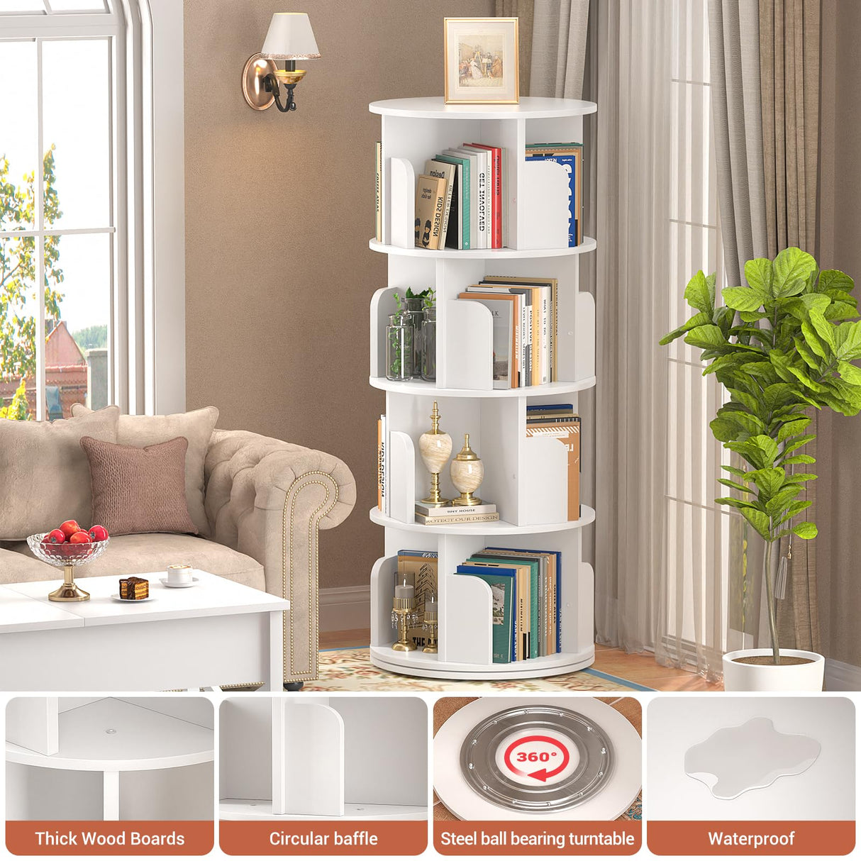 Besiost Rotating Bookshelf, Wood Corner Bookshelf, 360 Display Spinning Bookcase Storage Rack, 4 Tier Floor Standing Revolving Bookcase Narrow Book Shelf Organizer for Small Space, Bedroom, White Besiost