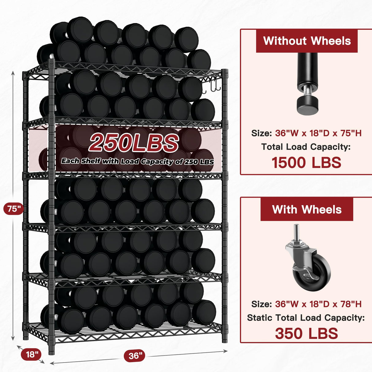 PrimeZone 6 Tier Wire Shelving with Wheels 78''H 1500lbs Storage Shelves NSF Certified Heavy Duty Steel Metal Shelf Adjustable Rolling Rack Kitchen Garage Closet Pantry Laundry 78''HX36''WX18''D 2Pcs PrimeZone