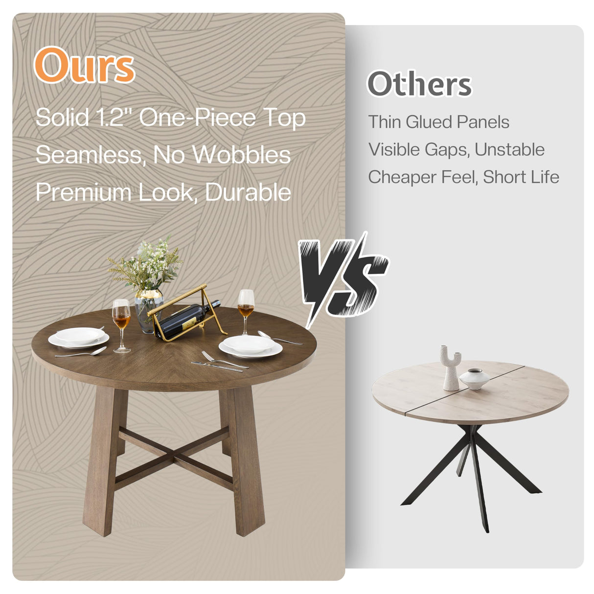 Jocisland Round Solid Wood Dining Table Set for 4, 5-Piece Mid-Century Kitchen & Dining Room Furniture with Padded Chairs, Space-Saving Design, Radial Grain Finish, Easy Assembly Jocisland