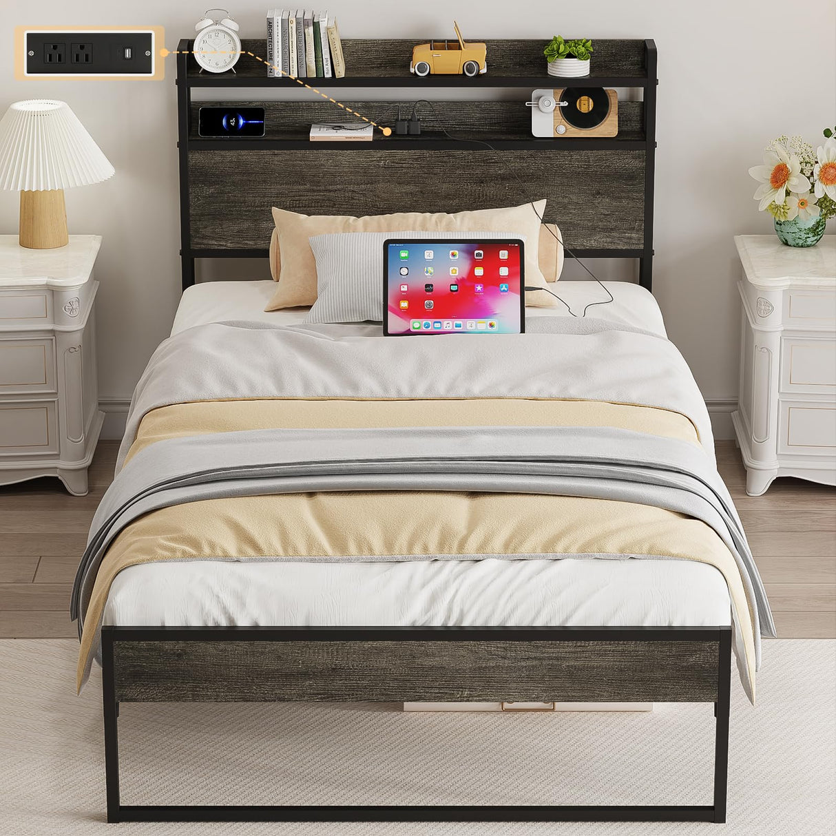 Elephance Twin Bed Frames with Charging Station and Storage Headboard, No Box Spring Needed, Noise Free, Easy Assembly Elephance