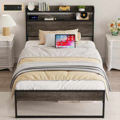 Elephance Twin Bed Frames with Charging Station and Storage Headboard, No Box Spring Needed, Noise Free, Easy Assembly