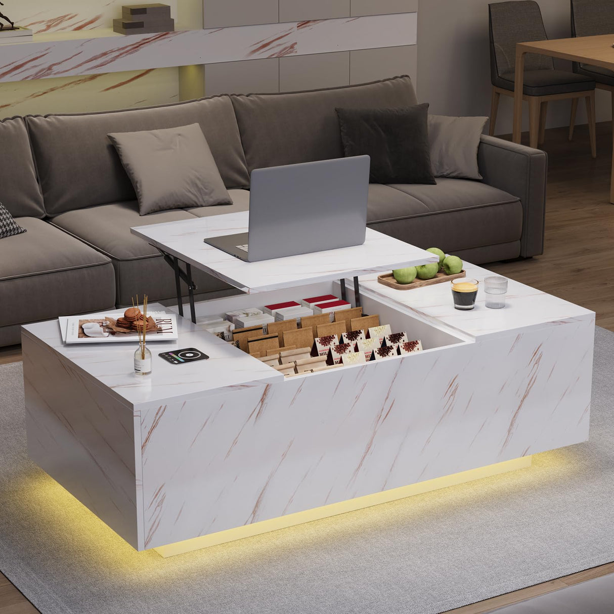 Lift Top Coffee Table, High Glossy Coffee Table with Wireless Charging and Speaker, Modern Coffee Table with 24 Colors LED Lights, Center Table with Drawer and Hidden Compartment for Living Room White PPorfamilia