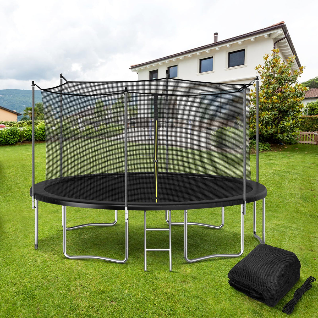 Trampoline Safety Net, 12ft Weather-Resistant Replacement Enclosure Net for 6 Poles Round Frame, with Double-Headed Zippers and Adjustable Straps ZEMBSOYA