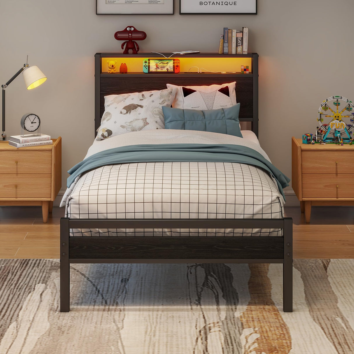 BOFENG Black Twin Bed Frame with Wood Headboard Storage,USB Charging Station/LED Lights,Metal Single Platform Bed Frame Twin Size No Box Spring Needed,Heavy Duty Metal Slats,Mattress Base,Noise Free BOFENG