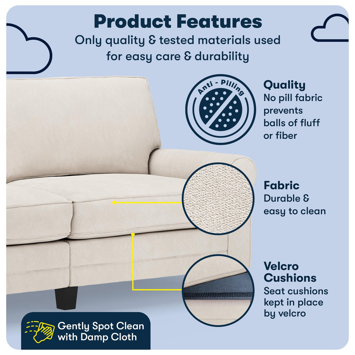 Serta Copenhagen 78" Rolled Arm Sofa, Easy Care Polyester, Soft Pillow Back, Pocket Coil Seat Cushions, Removable Covers, Loveseat or Couch for Small Spaces, Living Rooms or Bedrooms, Cream White Serta
