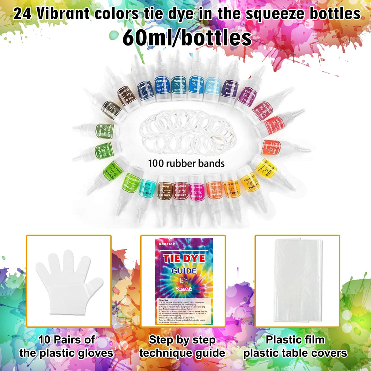 Vanstek Tie Dye Kit, 24 Colors Tie Dye Shirt DIY Fabric Dye for Women, Kids, Men, with Rubber Bands, Gloves, Plastic Film and Table Covers for Family Friends Group Party Supplies Vanstek