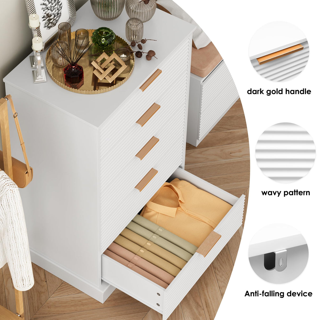 FACBOTALL 5 Drawer Dresser, White Dresser for Bedroom with Wavy Patterns, Wood Dressers with Embedded Handles, Modern Style Chest of Drawers for Living Room Hallway Entryway FACBOTALL
