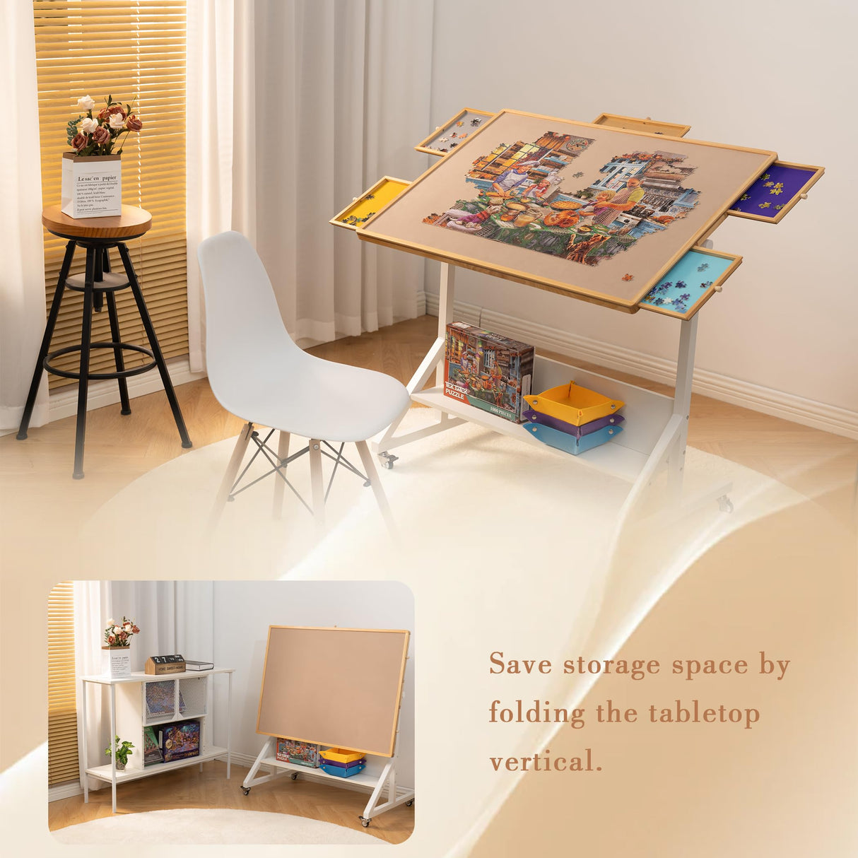 Tektalk Jigsaw Puzzle Table with Angle & Height Adjustment, Puzzle Easel with Cover & 5 Sorting Drawers, Tilting Board with Legs, Enclosed with 4 Roller Wheels, for Up to 1500 Pieces Tektalk