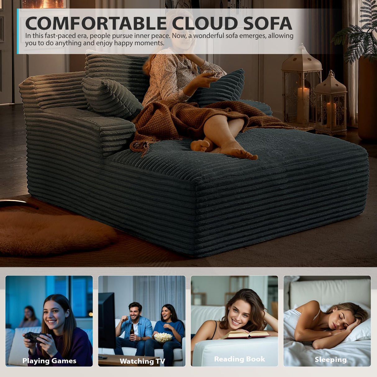 50 Inch Chaise Lounge Chair Indoor, Oversized Corduroy Upholstered Boneless Sofa Bed, Deep Seat Sleeper Couch Reading Chairs, Cloud Sofas Couches for Living Room, No Assembly Required (Dark Grey) ivoros