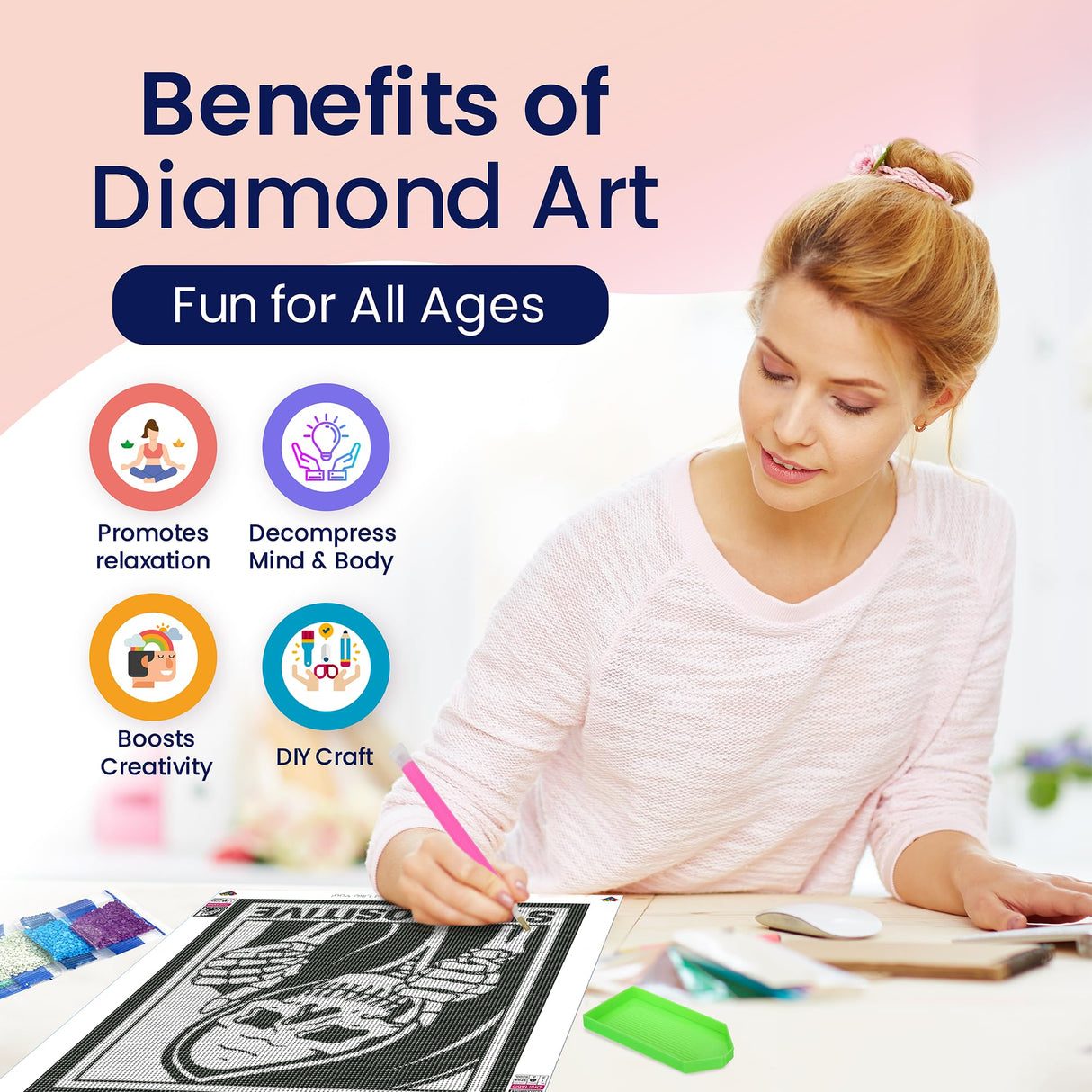 Modern Merch 'Stay Positive' Halloween Diamond Art Kits for Adults Scary Skeleton Diamond Painting Kits for Adults, Motivational Quote Cross Stitch Gem Art, Round Drill 12x16 DIY Black and White Art Modern Merch