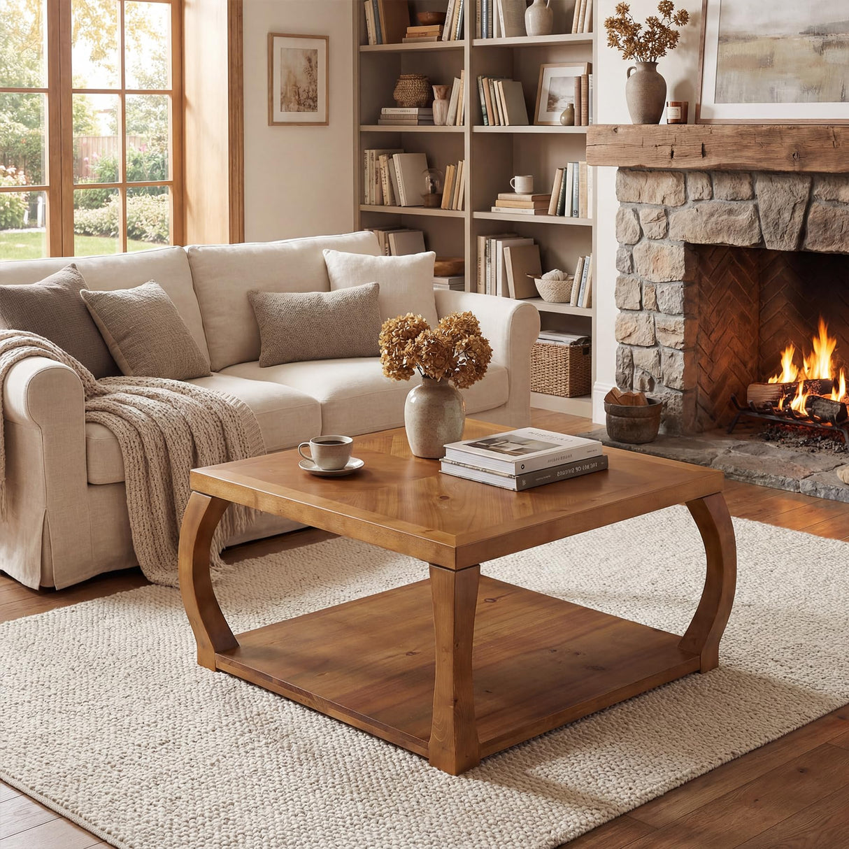TRIBEWOOD 31.49“ Square Solid Wood Coffee Table, Farmhouse Center Table with Storage, Accent Cocktail Table for Living Room, Brown TRIBEWOOD