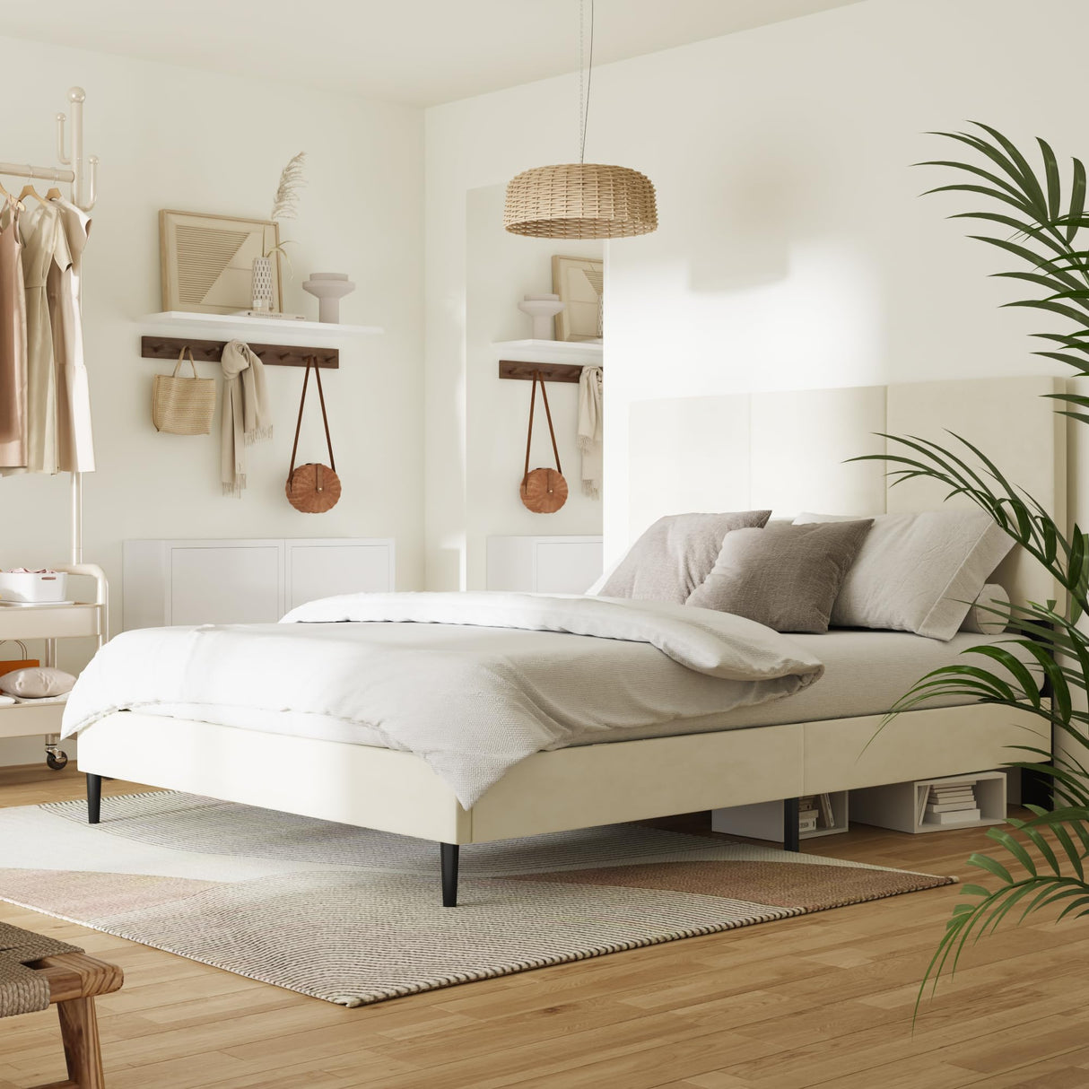 IOILORI Full Size Bed Frame with Headboard, Vertical Channel Tufted Heavy Duty Full Size Bed Frame, No Box Spring Needed, Easy Assembly, Metal Platform Bed Frame, Beige IOILORI