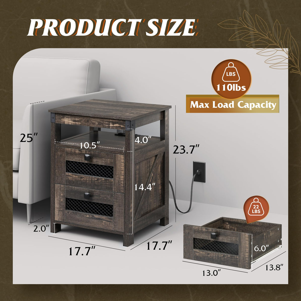 WLIVE Night Stand with Charger Station, End Tables Bedroom, Living Room, Side Table with 2 Wooden Storage Drawers, Farmhouse Nightstand with USB Ports and Outlets, Dark Rustic Oak WLIVE