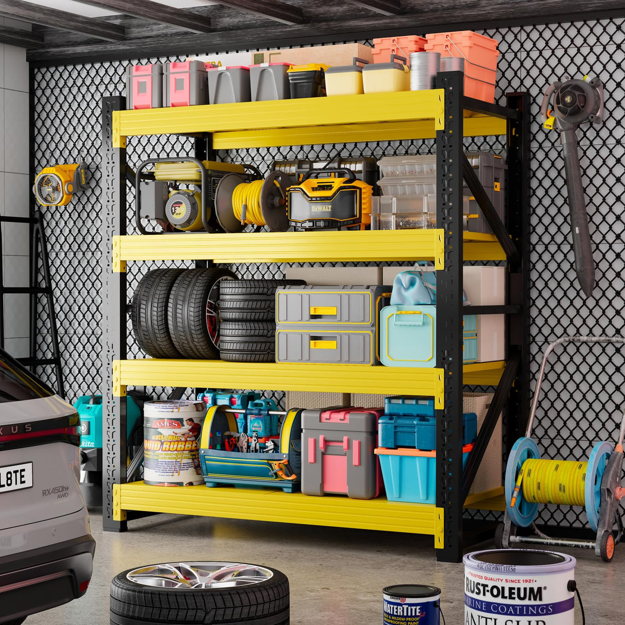 Kobito 5000LBS Garage Storage Shelves, 59" W Garage Shelving Heavy Duty Adjustable Shelving Unit, 4 Tier Metal Utitly Shelves Industrial Shelving for Warehouses,Basement,Black Yellow Kobito