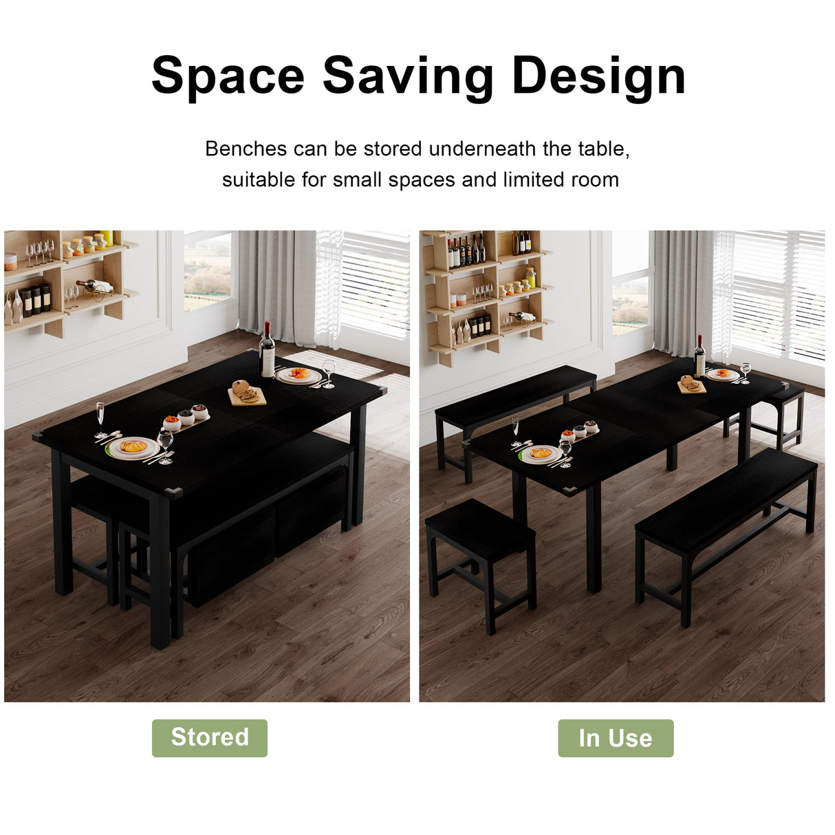 Feonase 5-Piece Dining Table Set for 4-8 People, 63" Large Extendable Kitchen Table Set with 2 Benches and 2 Square Stools, Dining Room Table with MDF Wood Board, Easy Assembly, Black Feonase