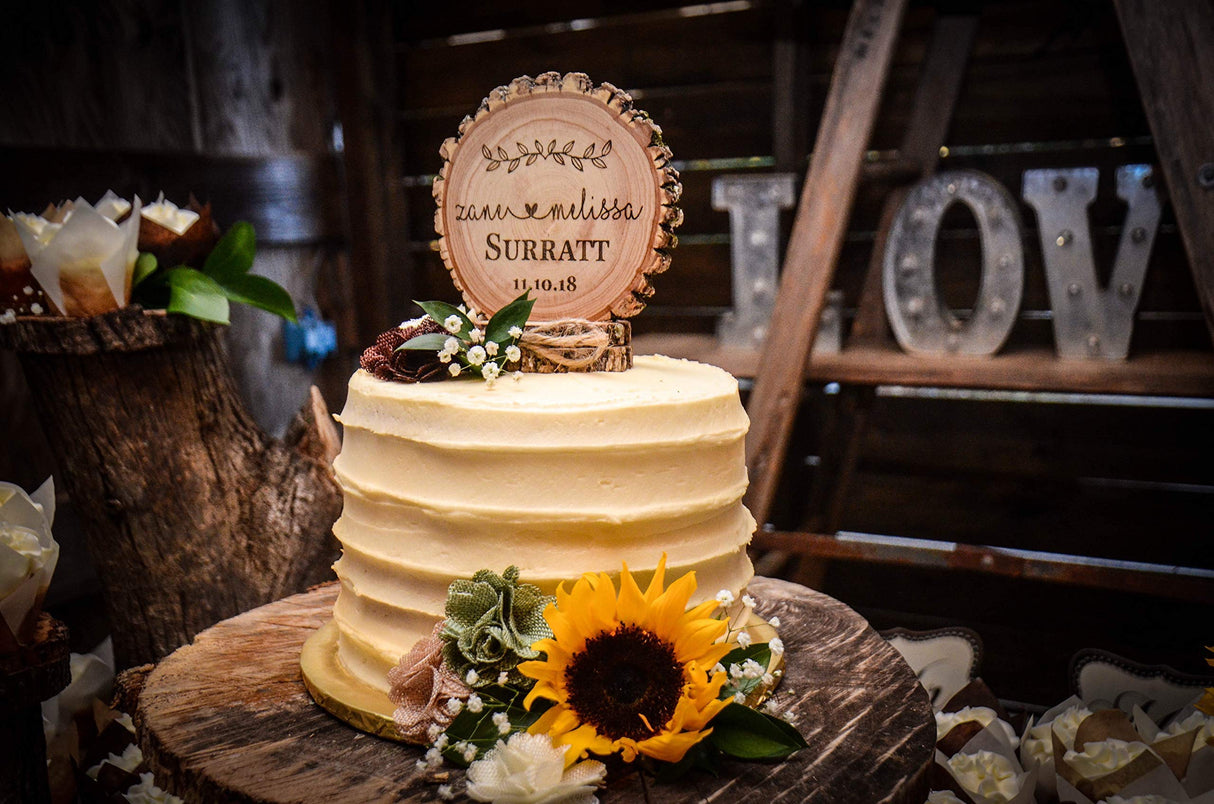 Rustic Wedding Cake Topper Handmade Wood Slices, Personalized Cake Top WoodArtSupply