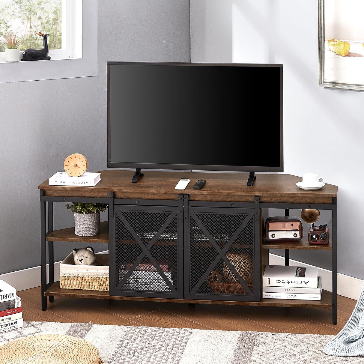 HOMISSUE Corner TV Stand for 55 Inch TV, Rustic Corner Entertainment Center with Storage, Industrial Media Console Table with Sliding Barn Door, Entertainment Center for Living Room, Brown HOMISSUE