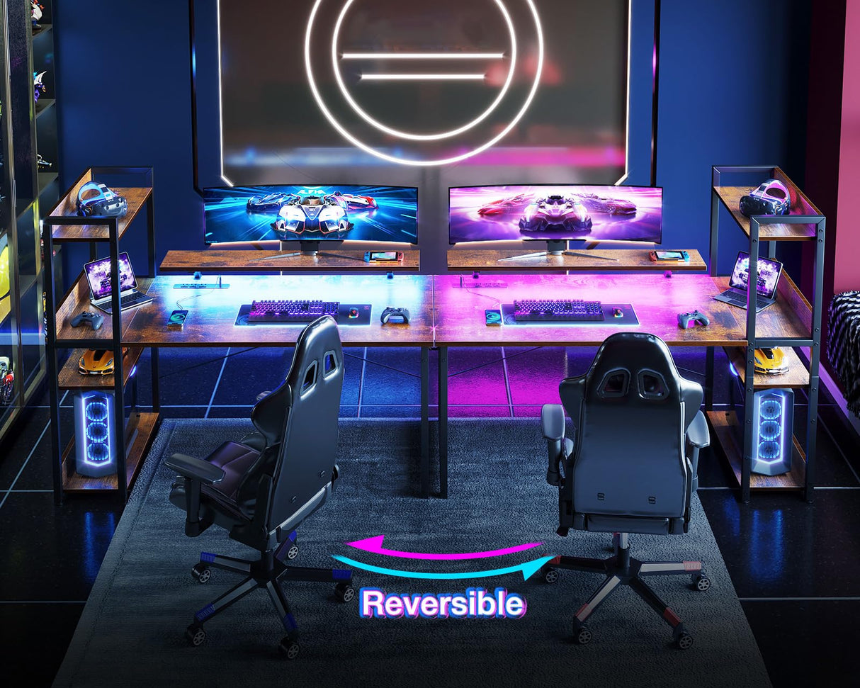 ODK Reversible Gaming Desk with Power Outlets and LED Lights, 48 Inch Computer Desk with Storage Shelves and Monitor Stand, Modern Writing Study Desk for Home Office, Rustic Brown ODK