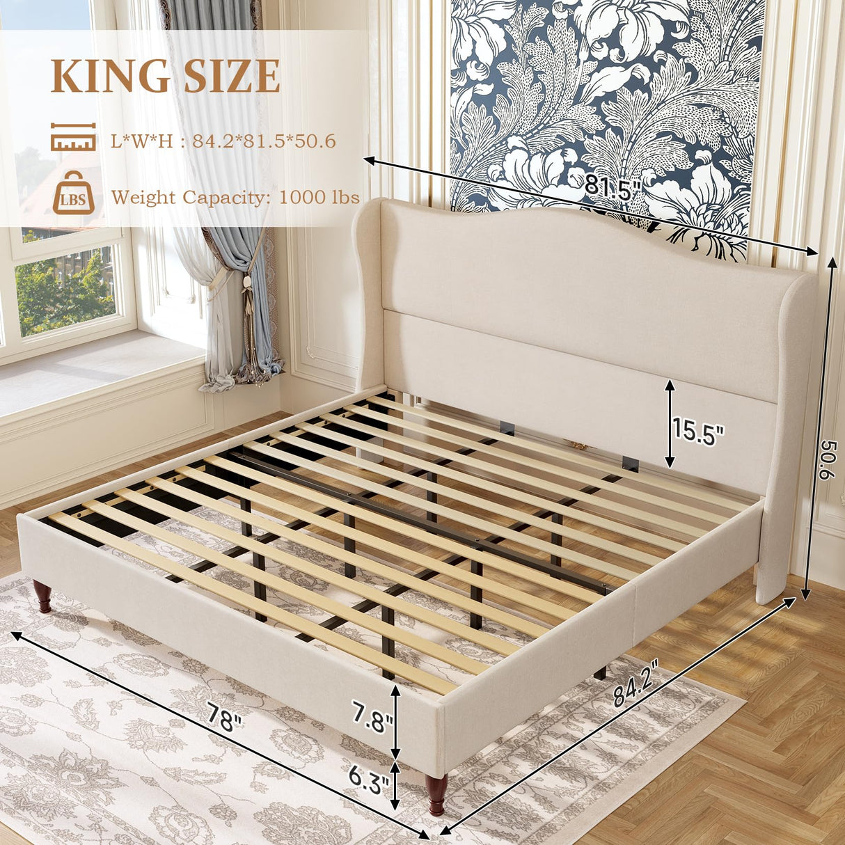 Koorlian King Size Upholstered Platform Bed with 51" Wingback Headboard - Retro Beige Design, No Box Spring Needed koorlian