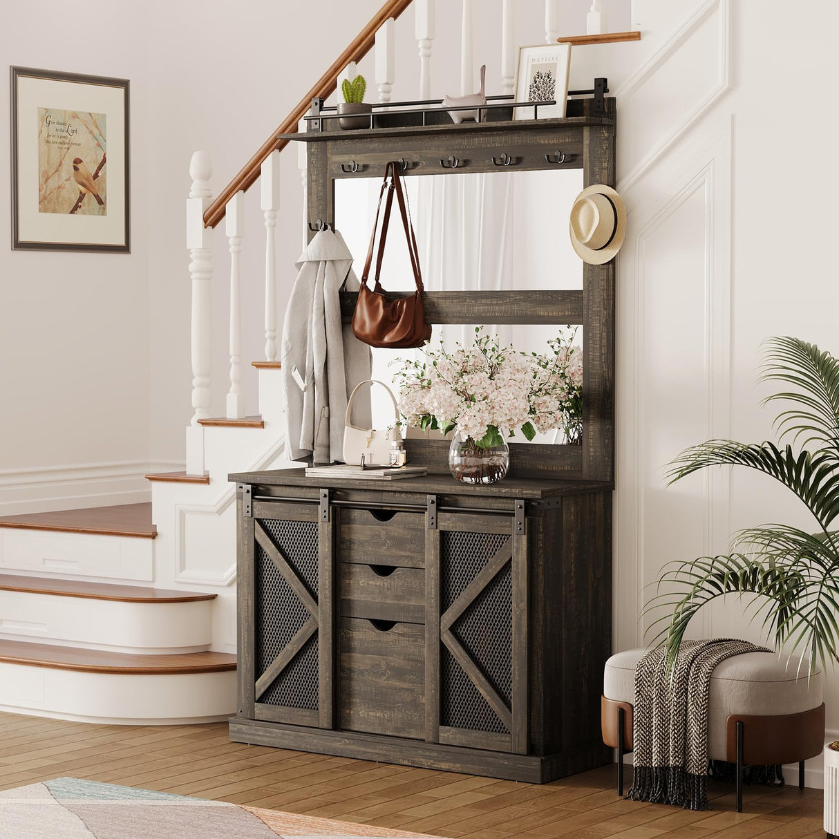 FinerFurnis 77 Inch Farmhouse Hall Tree Bench with 2 Mirrors, Shoe Storage, Coat Rack, Sliding Barn Doors, Wooden Entryway Organizer Furniture for Apartments, Mudroom, Deep Oak FinerFurnis