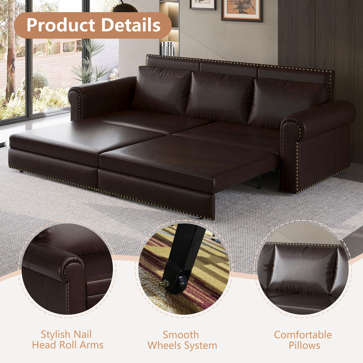 Tmsan 93.7" King Pull Out Sofa Bed, 3 in 1 Convertible Sleeper Sofa, 3 Seat Couch with Nailhead Trim & Rolled Arm for Living Room, Apartment, Dark Brown PU Leather Tmsan