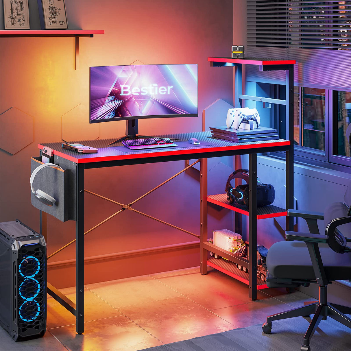 Bestier Gaming Desk with LED Lights, 44 Inch PC Gamer Desk for Small Spaces, Computer Desk with Reversible Storage Shelves & Side Storage Bag (Black 3D Carbon Fiber) Bestier