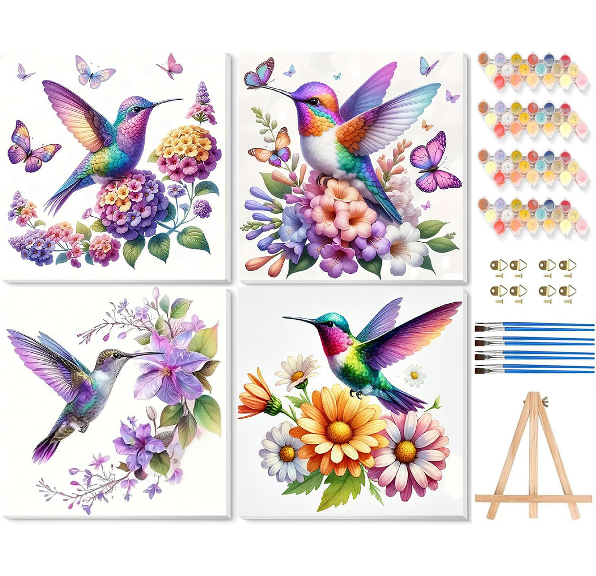 TCDZMYGS 4 Pack Paint by Numbers Kit for Adults Beginner, Hummingbird Butterfly Easy Paint by Number Kits with Framed, Flowers DIY Acrylic Oil Painting by Numbers for Home Wall Decor 10 x 10 inch TCDZMYGS