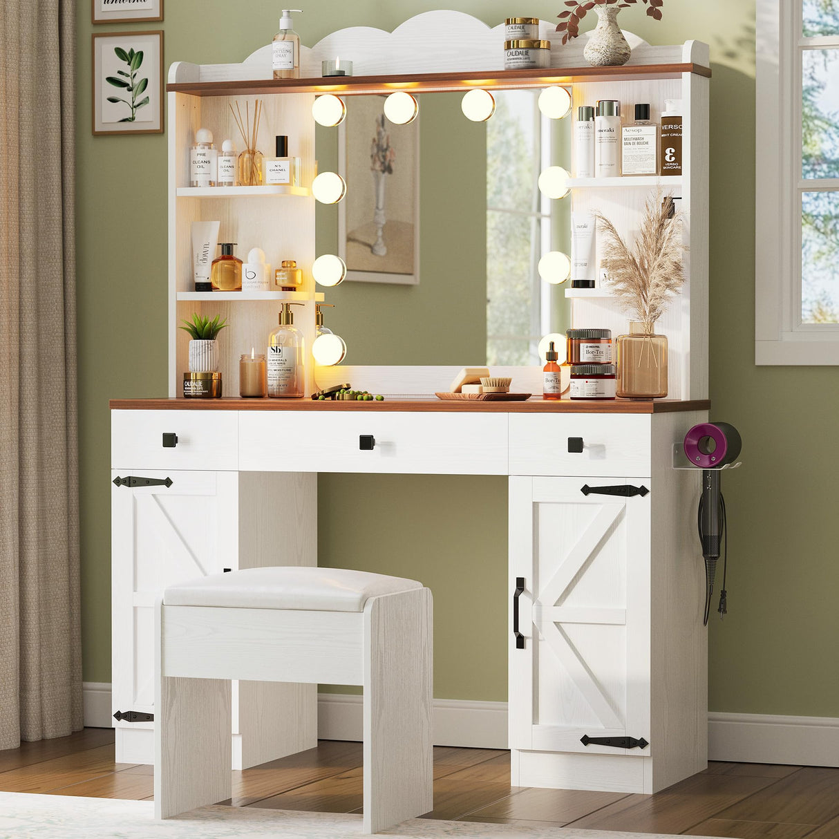 IRONCK Vanity Desk with Mirror and Lights, Farmhouse Makeup Vanity with Charging Station & Vanity Stool, Vanity Table with 3 Large Drawers and 2 Cabinets for Women Girls Bedroom, White IRONCK