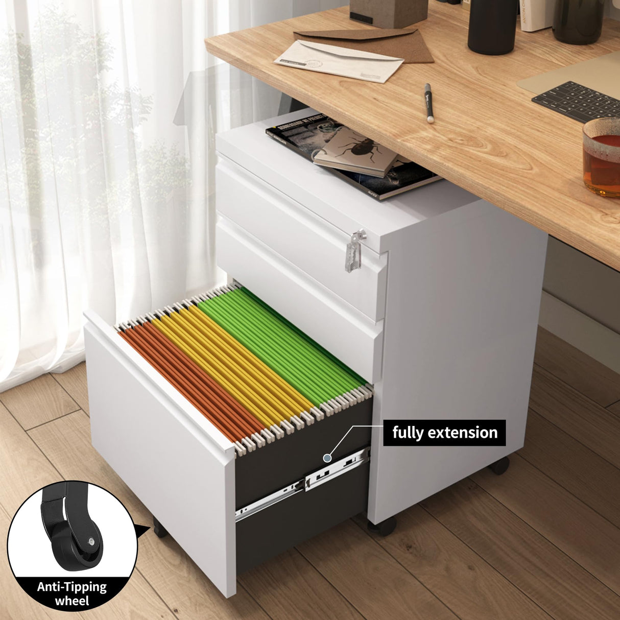 Approgreent Mobile File Cabinet for Home Office, Lockable 3 Drawer Filing Cabinet with Wheels for A4-Size/Letter-Size/Legal-Size, Fully Assembled Except Casters, White Approgreent