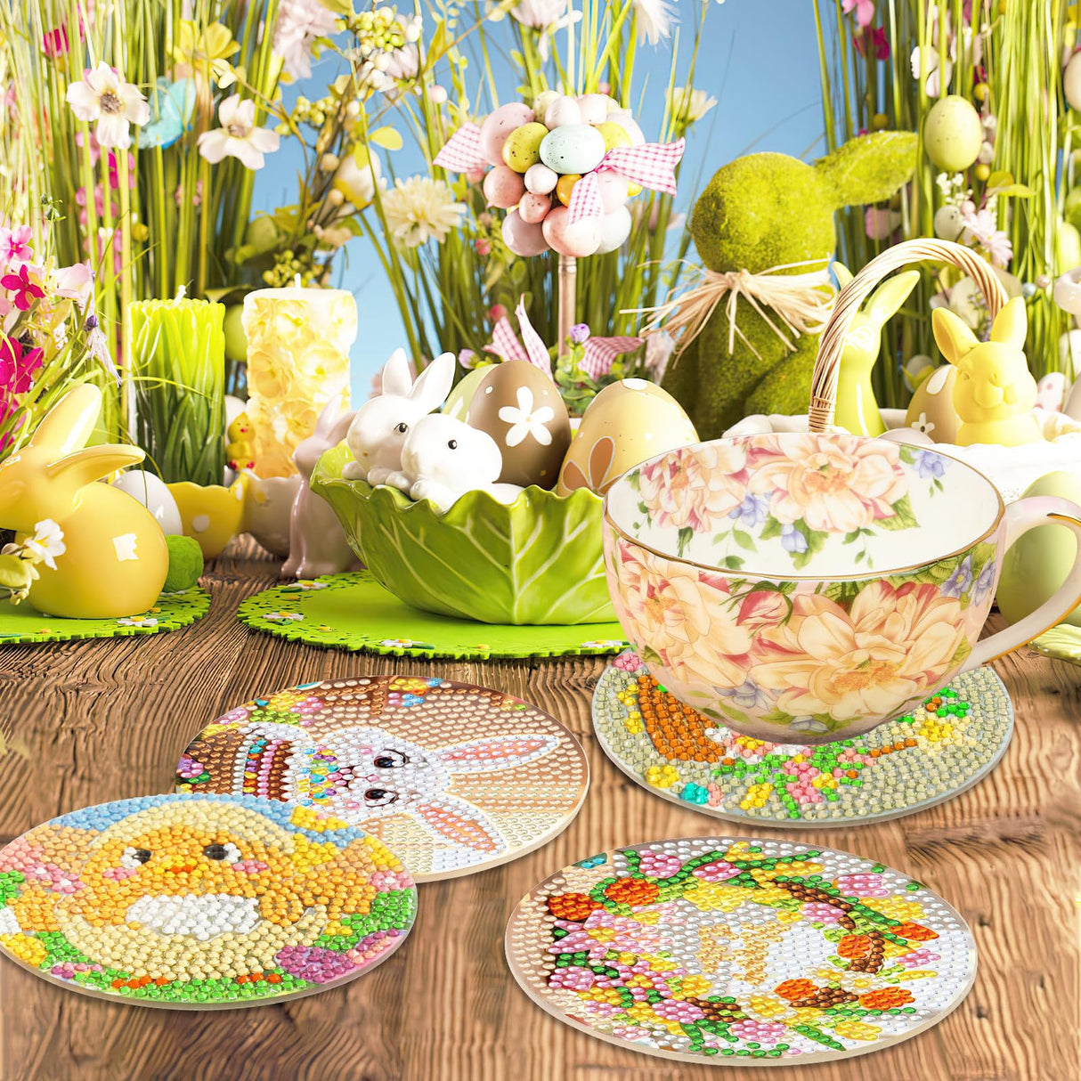 UPINS 8 Pieces Easter Diamond Art Coasters,Bunnies Diamond Art Coaster for Adults Diamond Kits Supplies for Spring Easter Gift UPINS