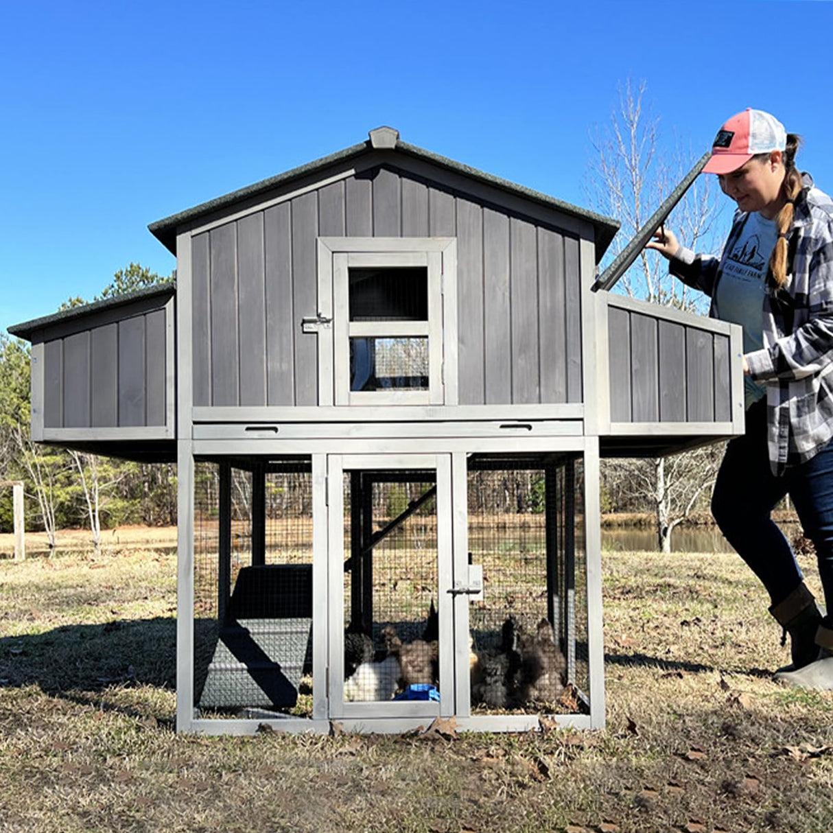 GUTINNEEN Chicken Coop Foldable Hen House with Run and 4 Nesting Boxes Wooden Large Chicken Coop 69.8" L for 4-6 Chickens Pull Out Metal Tray GUTINNEEN