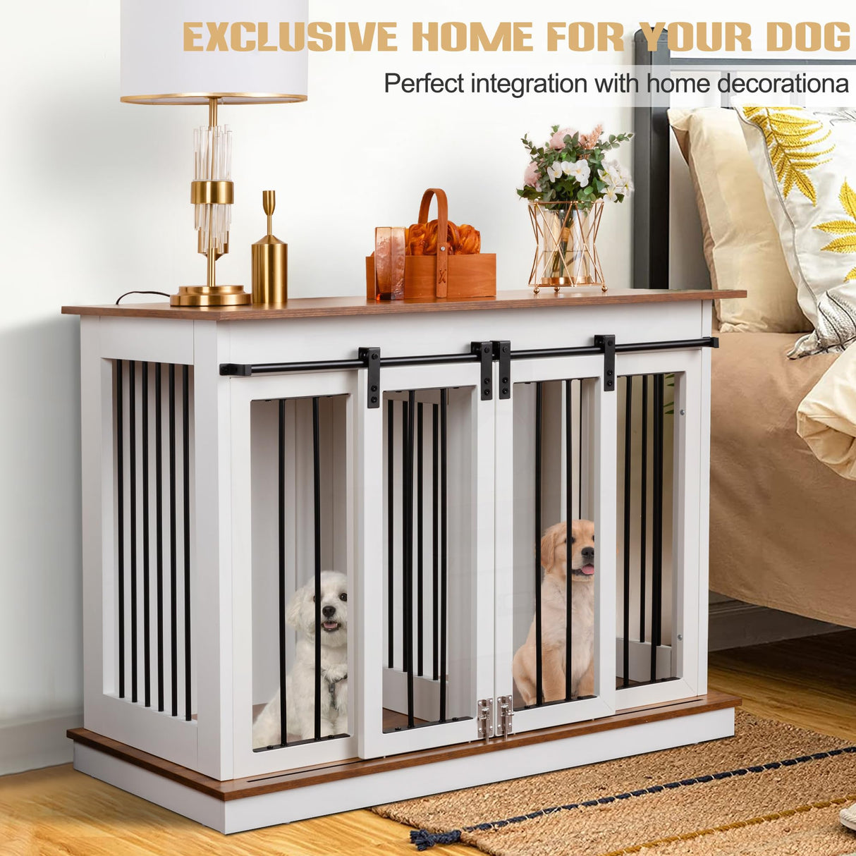 Sunseen Dog Crate Furniture with Divider,Wooden Dog Kennel End Table,Large Breed Dog House Indoor for One Large Dog or Two Small Dogs,Double Doors,47''W*24''D*35''H,White sunseen