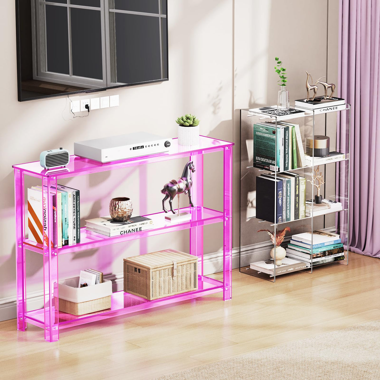 solaround Acrylic Console Table, 3 Tier Entryway Table with Storage Shelves (Pink) solaround