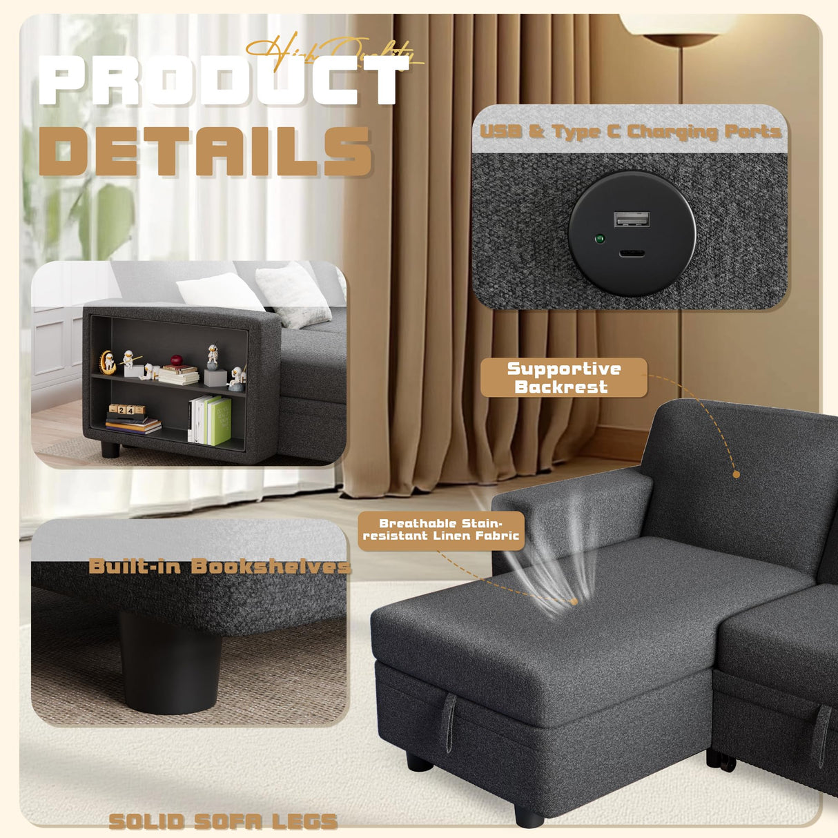 Furmax 80″ Sleeper Sofa Couch with Pull Out Bed L Shaped Sleeper Sofa with Storage Chaise, USB Charging Ports & 2 Built-in Bookshelves 3-Seat Sectional couches for Living Room (Fabric, Grey) Furmax