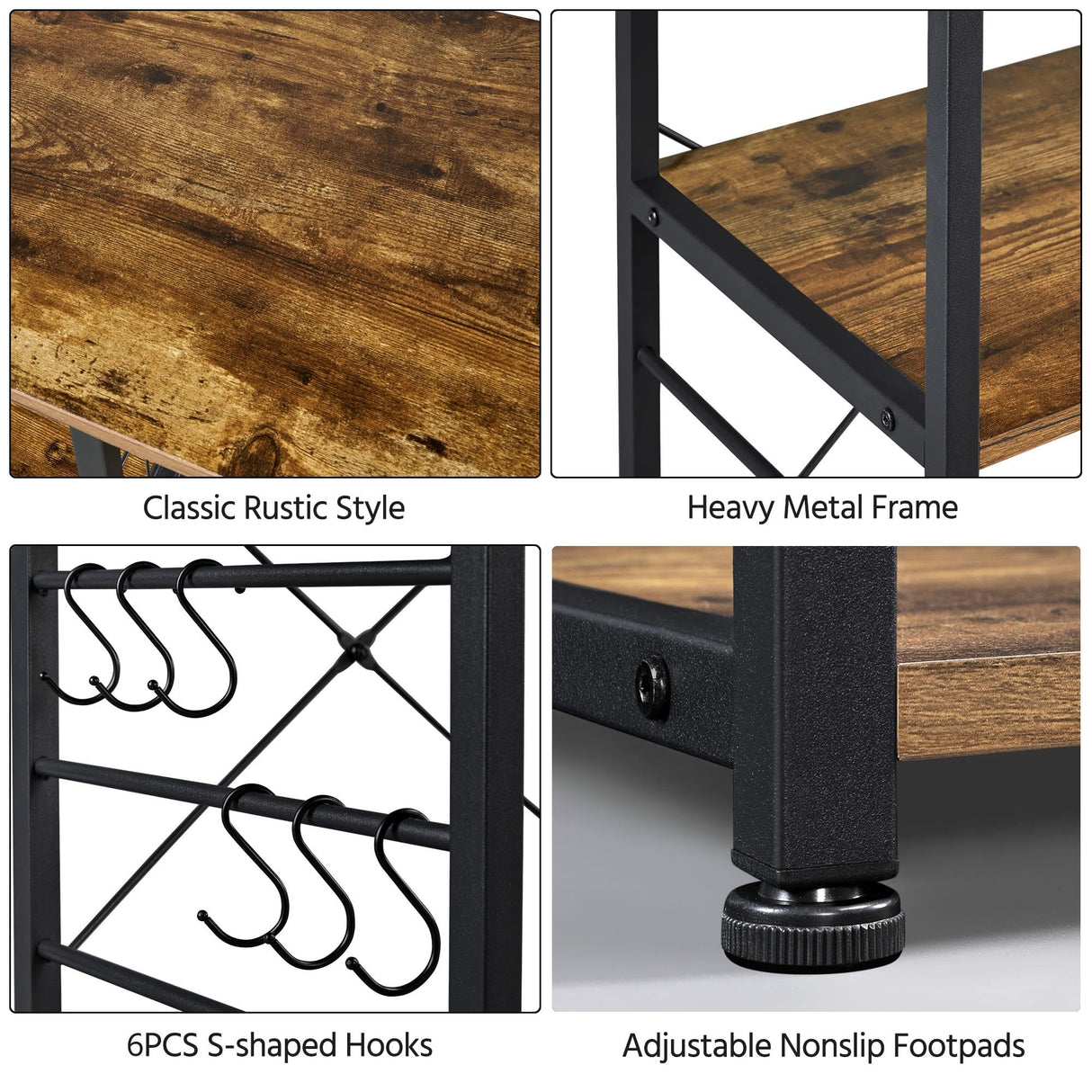 Yaheetech 4-Tier Kitchen Baker's Rack, Coffee Bar Microwave Stand Cart with Wire Basket & 6 Side Hooks, Kitchen Organizer Shelf for Spices/Utensils Foods, Rustic Brown Yaheetech