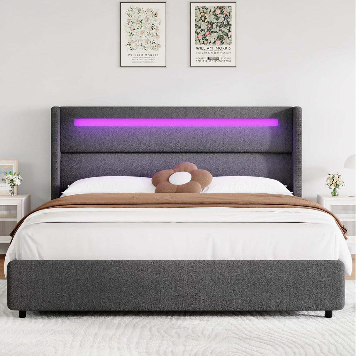 HOMBCK Full Size Bed Frame with Headboard and LED Lights, Boucle Upholstered Platform Bed with Wingback Design, Modern Soft Bed Frame, No Box Spring Needed, Easy Assembly, Grey HOMBCK